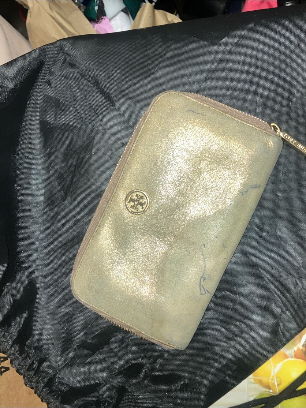 Tory Burch Metallic Gold Zip Wallet with Logo Medallion